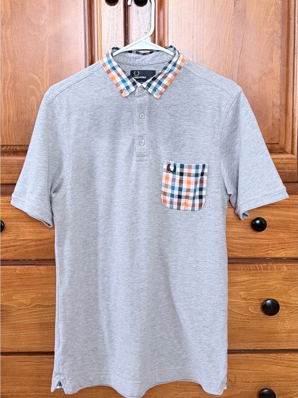 Fred Perry Light Gray Polo with Orange & Blue Plaid Trim